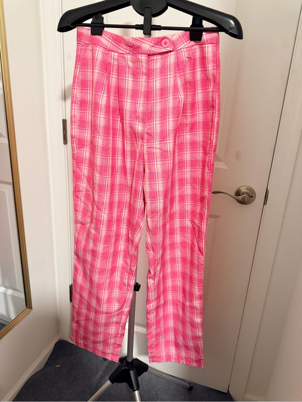 Nasty Gal Pink Plaid High-Rise Straight Pants